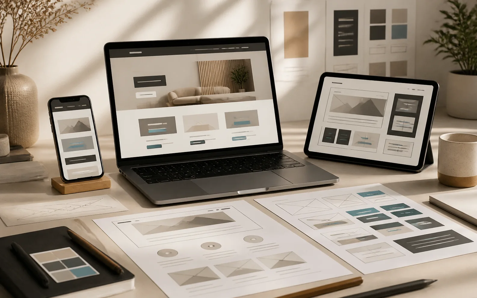 Responsive web tasarım için masaüstü, tablet ve mobil arayüz planlarının yer aldığı çalışma sahnesi